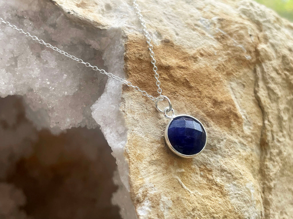 Faceted Sapphire Round Pendant Sterling Silver Necklace