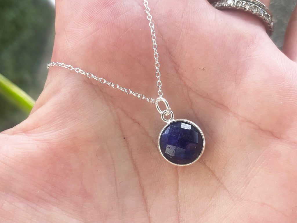 Faceted Sapphire Round Pendant Sterling Silver Necklace