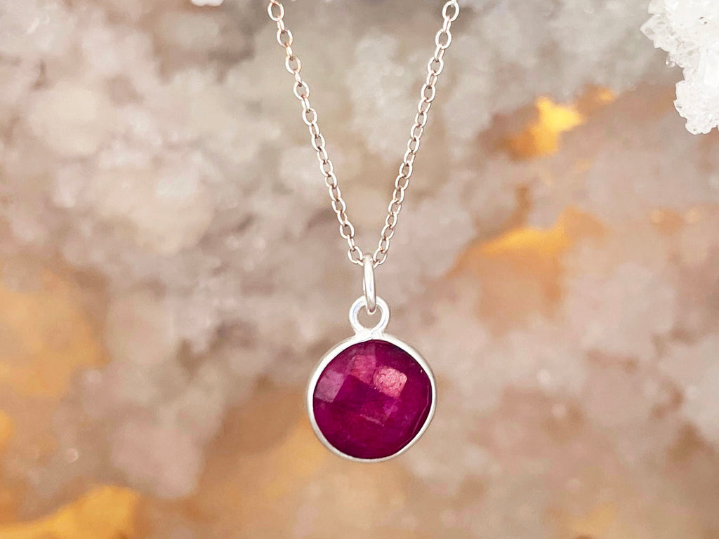 Faceted Ruby Round Pendant Sterling Silver Necklace