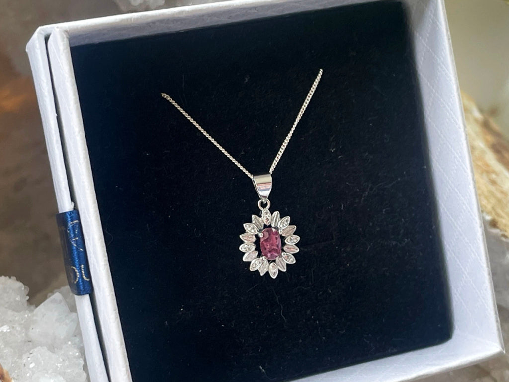 Diamante And Pink Tourmaline Silver Necklace