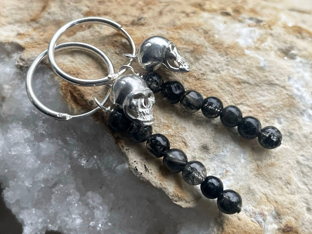Black Tourmaline In Quartz and Sterling Silver Skull Earrings