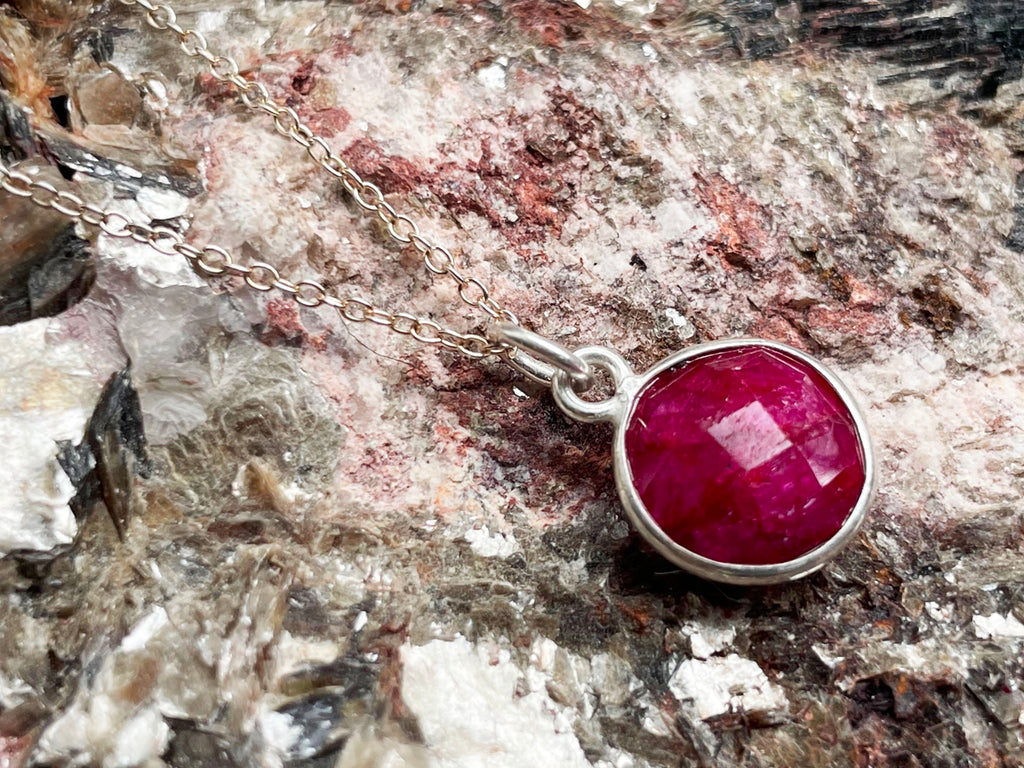 Faceted Ruby Round Pendant Sterling Silver Necklace