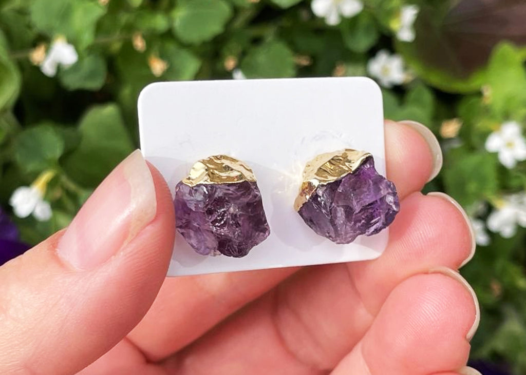 Pair Of Raw Amethyst Stud Earrings With Electroplating