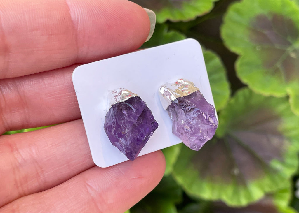 Pair Of Raw Amethyst Stud Earrings With Electroplating