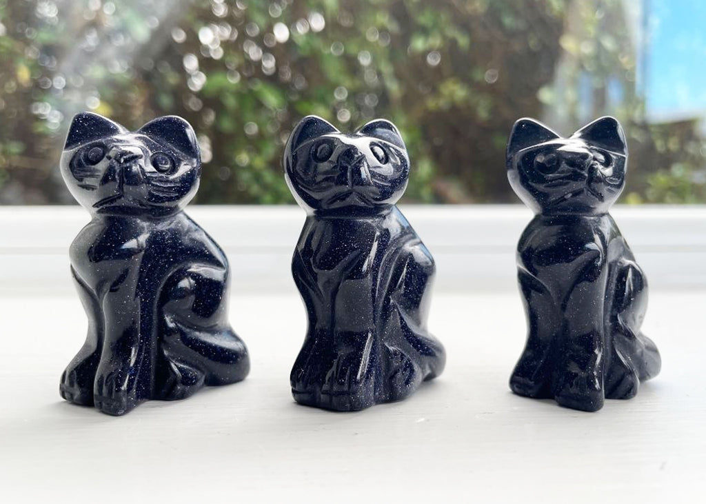 Carved And Polished Blue Goldstone Cat