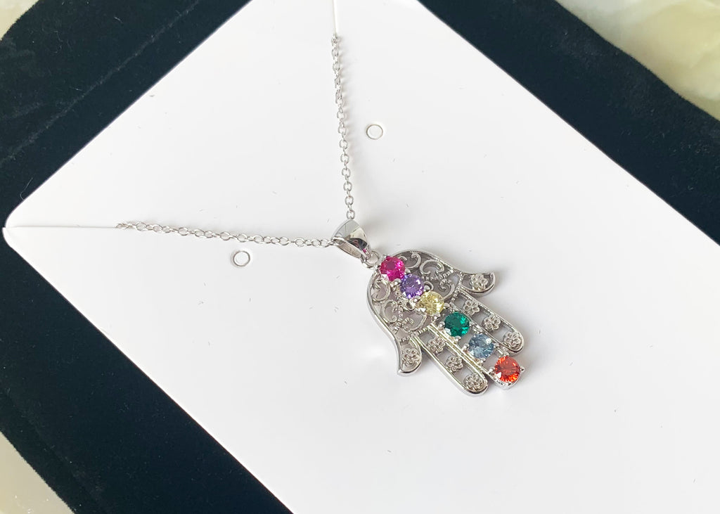 18 Inch Sterling Silver Necklace with Jewelled Hamsa Pendant