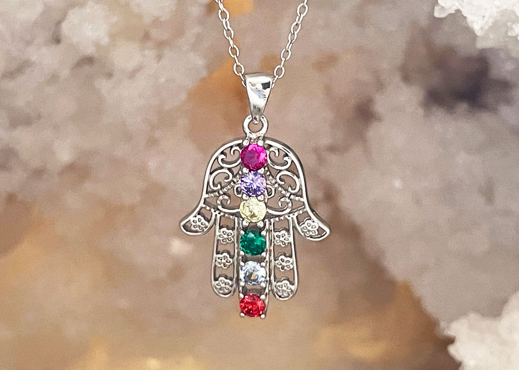 18 Inch Jewelled Hamsa Sterling Silver Necklace