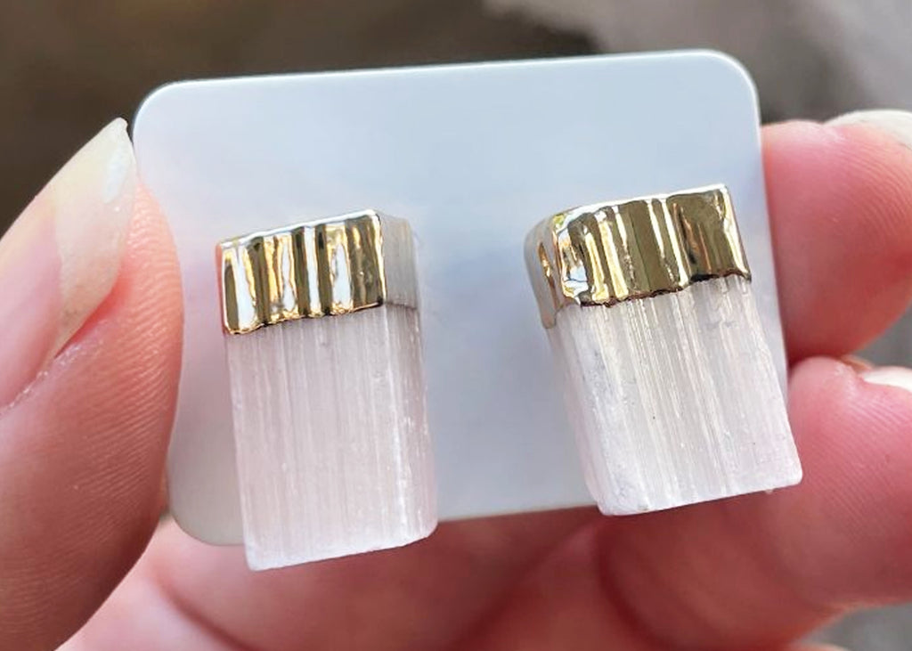 Pair Of Raw Selenite Stud Earrings With Electroplating