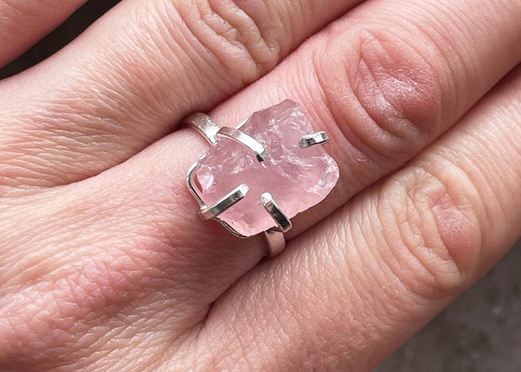 Silver Plated Raw Rose Quartz Simple Band Ring