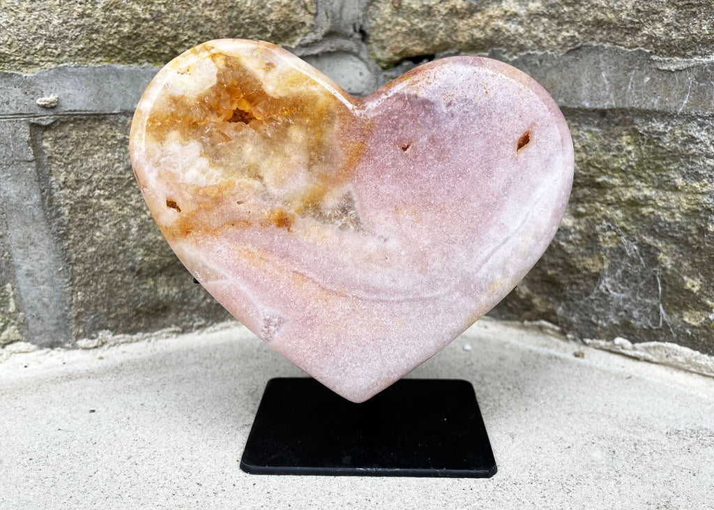 Druzy Polished Pink Amethyst Heart On Metal Stand