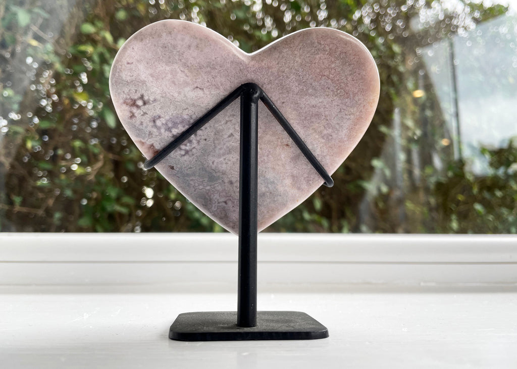 Polished Pink Amethyst Heart On Metal Stand