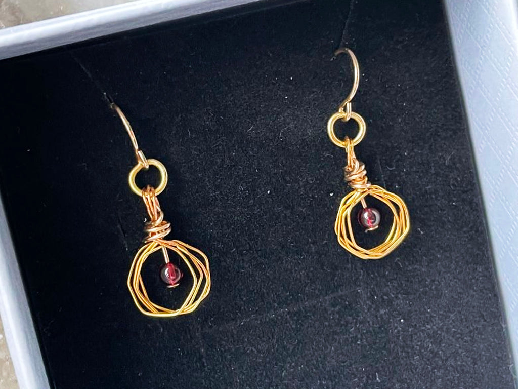 Gold Hexagon Design Garnet Bead Earrings
