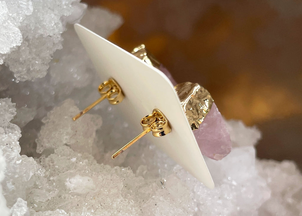 Pair Of Raw Rose Quartz Stud Earrings With Gold Electroplating