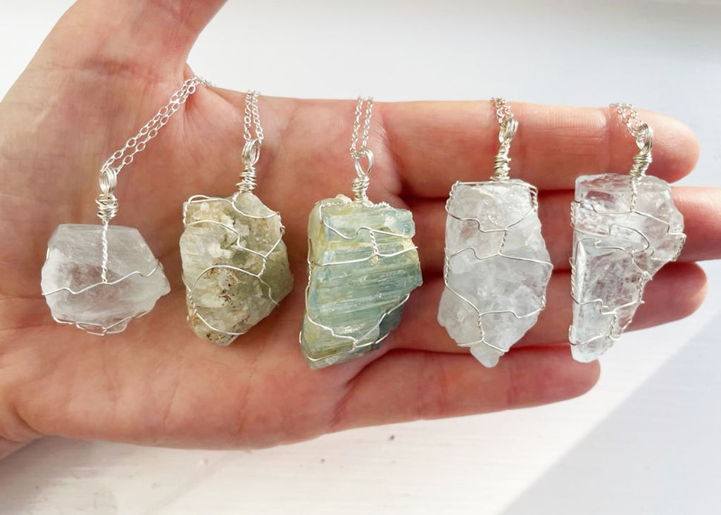 Wire Wrapped Raw Aquamarine Silver Necklace