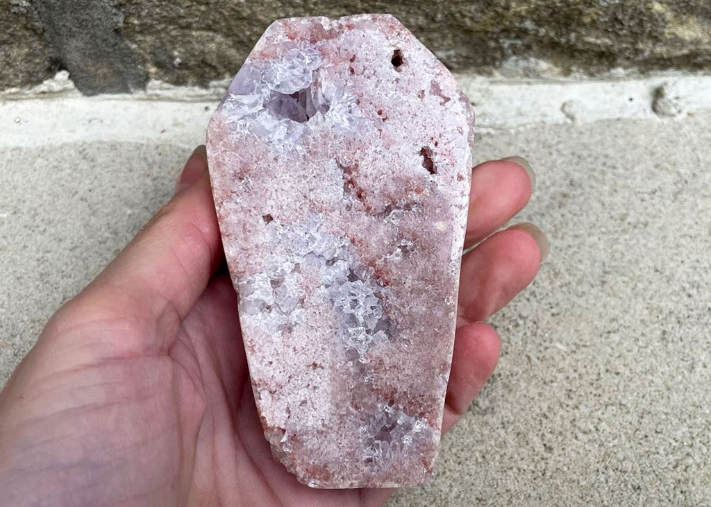 Carved And Polished Druzy Pink Amethyst Coffin