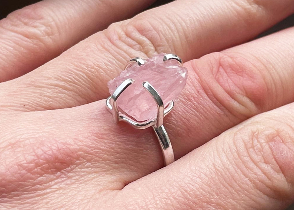 Silver Plated Raw Rose Quartz Simple Band Ring