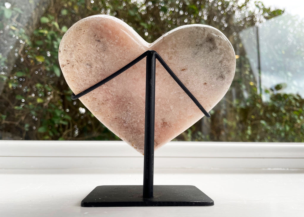 Sparkly Polished Pink Amethyst Heart On Metal Stand