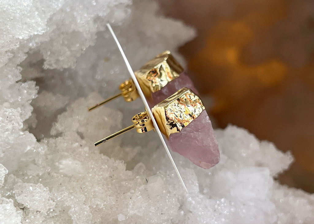 Pair Of Raw Rose Quartz Stud Earrings With Gold Electroplating