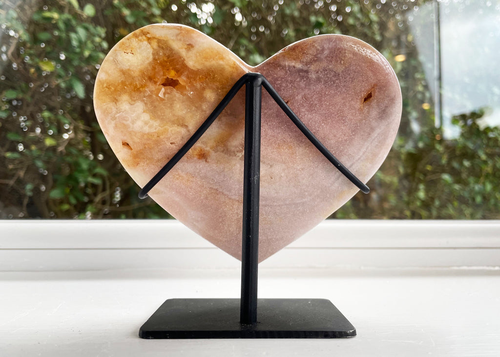 Druzy Polished Pink Amethyst Heart On Metal Stand
