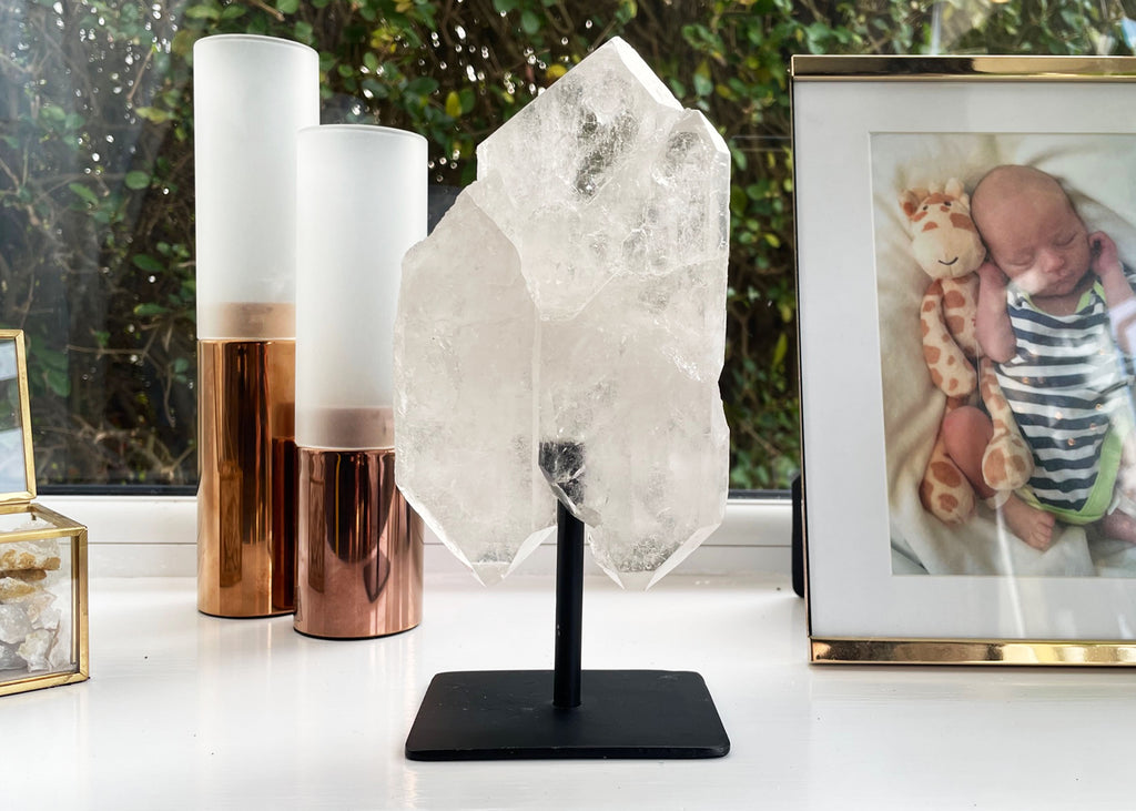 Clear Quartz Points Cluster On Metal Stand