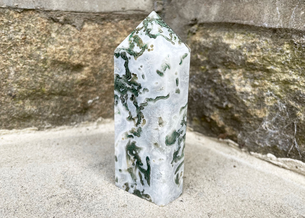White Moss Agate Tower