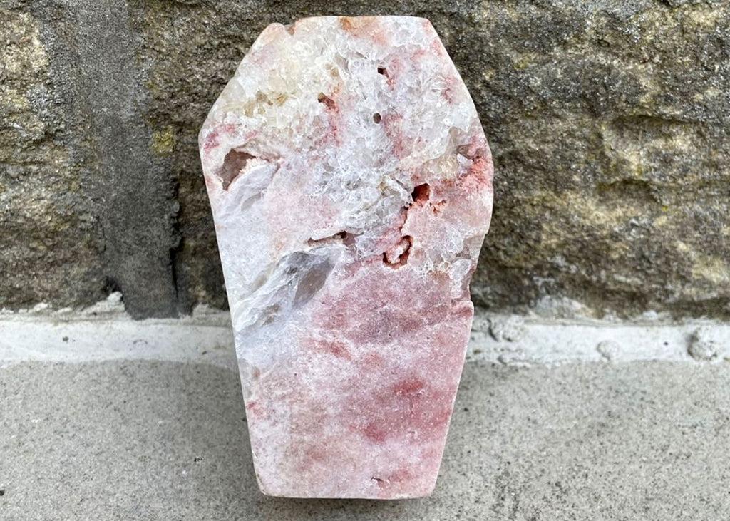 Carved And Polished Druzy Pink Amethyst Coffin