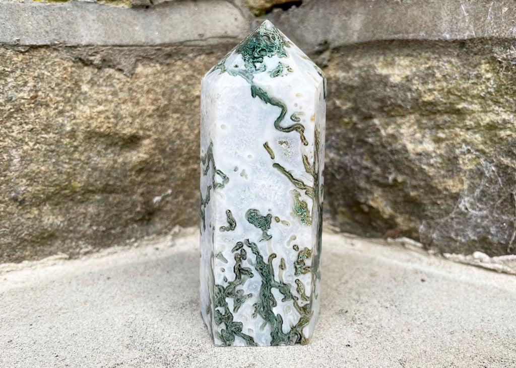 White Moss Agate Tower