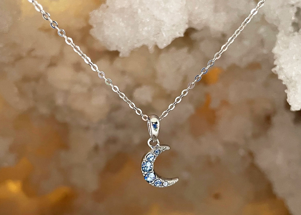 18 Inch Swarovski Crescent Moon Sterling Silver Necklace