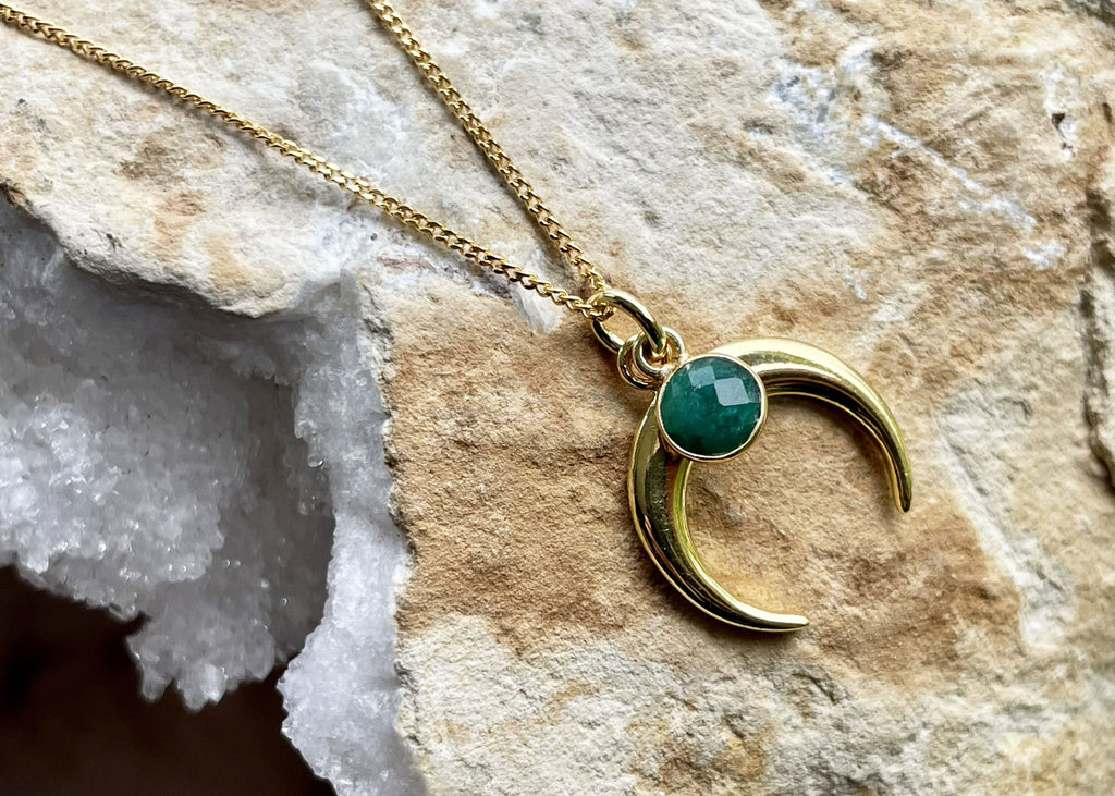 Gold Vermeil Crescent Moon Necklace With Emerald Charm