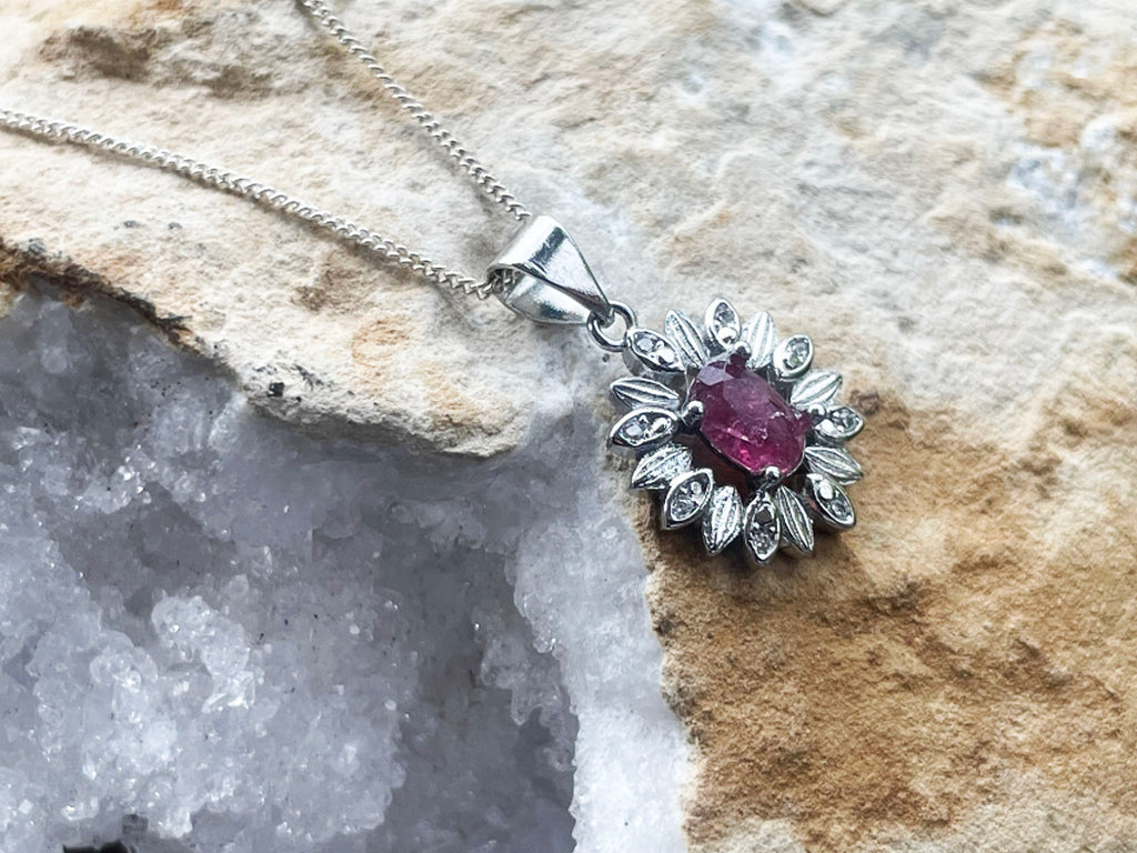 Diamante And Pink Tourmaline Silver Necklace