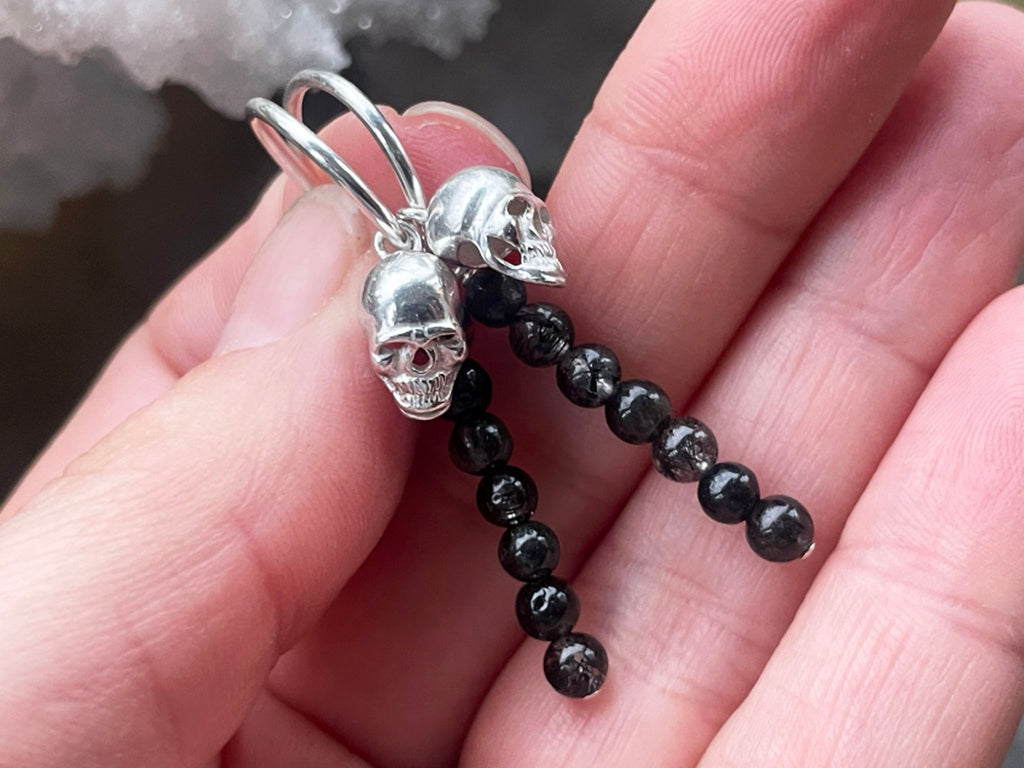 Black Tourmaline In Quartz and Sterling Silver Skull Earrings