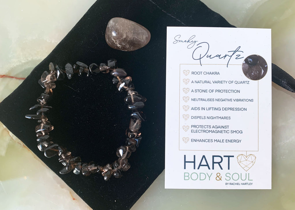 Smokey Quartz crystal bracelet and tumblestone gift set.