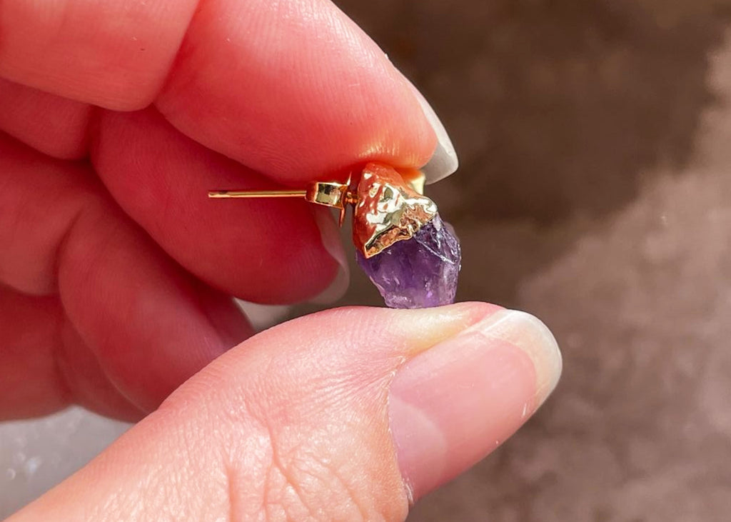 Pair Of Raw Amethyst Stud Earrings With Electroplating
