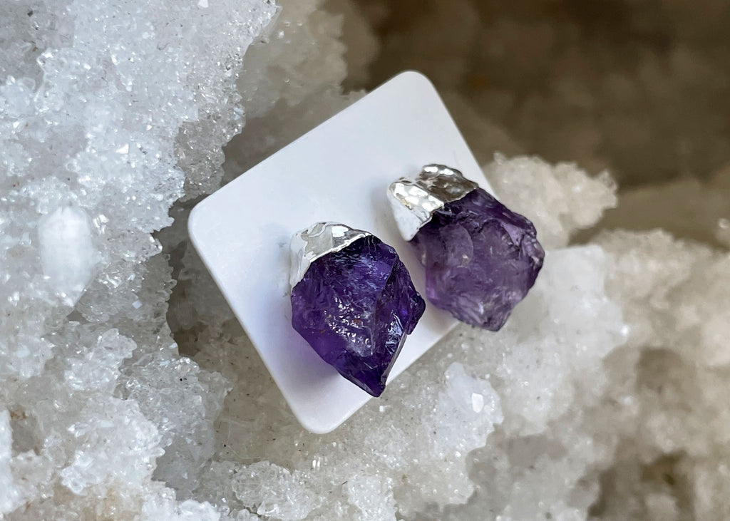 Pair Of Raw Amethyst Stud Earrings With Electroplating