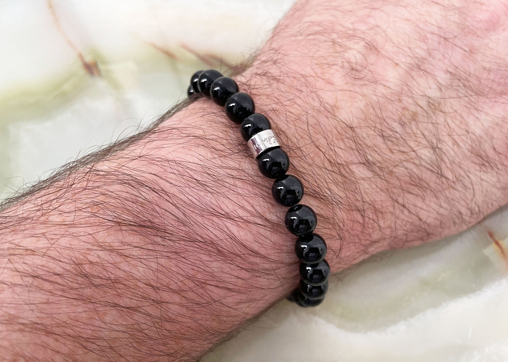 Mens Black Agate Thompson Beaded Bracelet and Tumblestone Gift Set