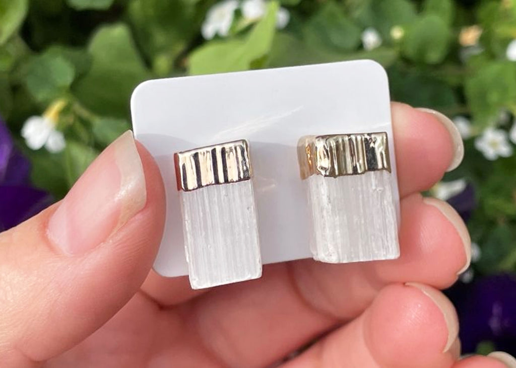 Pair Of Raw Selenite Stud Earrings With Electroplating