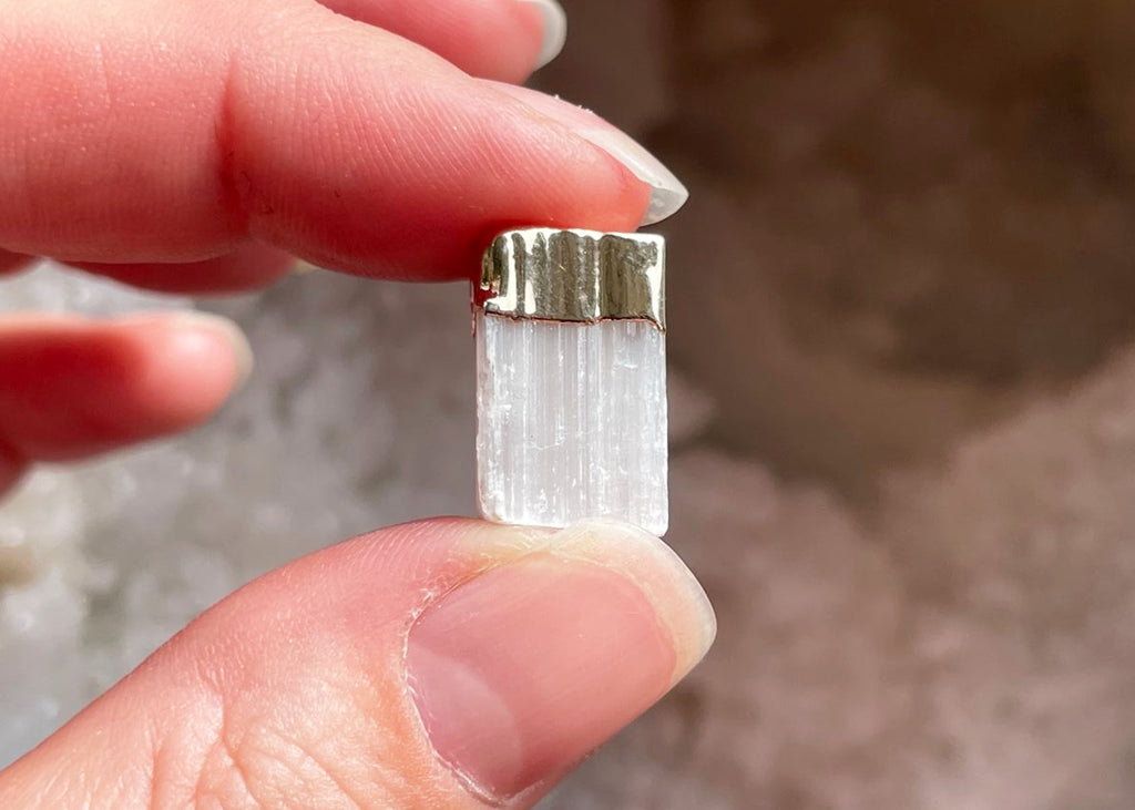 Pair Of Raw Selenite Stud Earrings With Electroplating