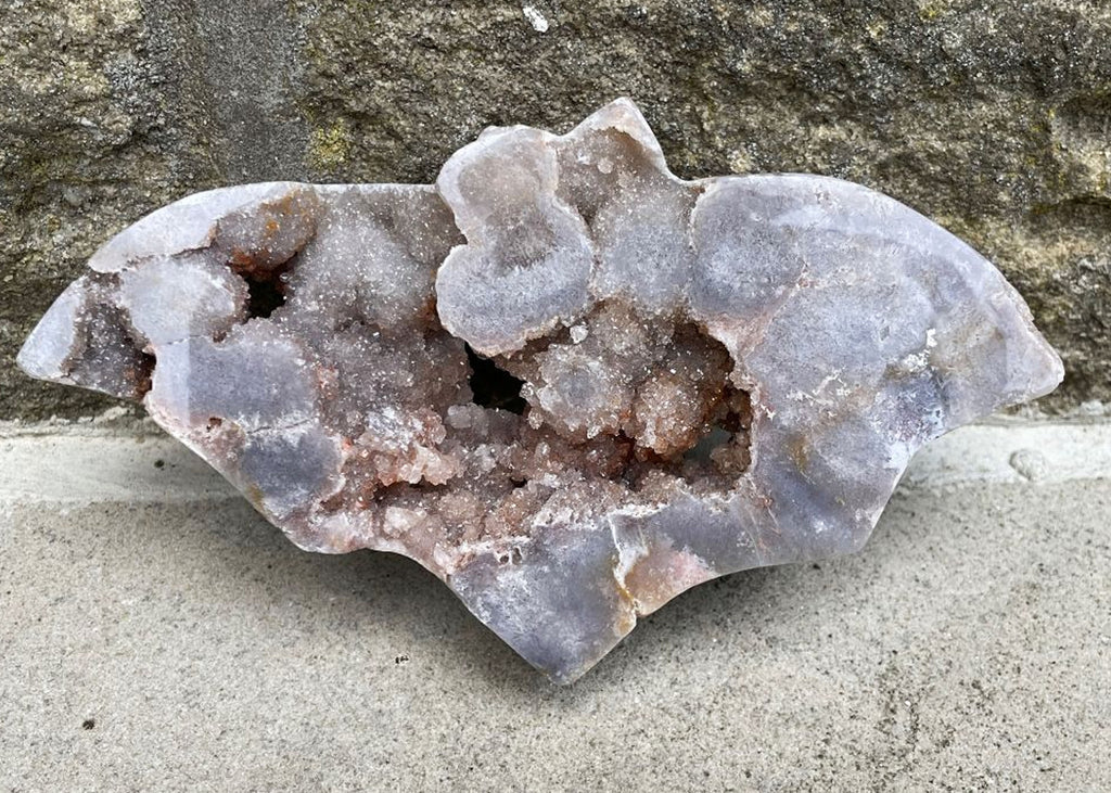 Carved And Polished Pink Amethyst Druzy Bat