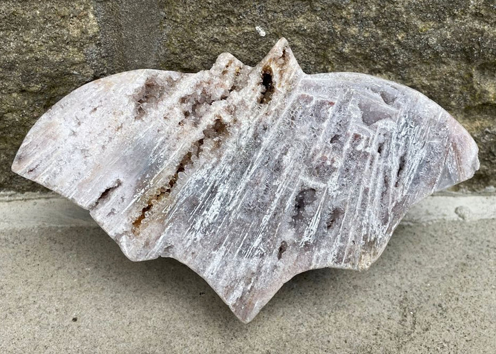 Carved And Polished Pink Amethyst Druzy Bat