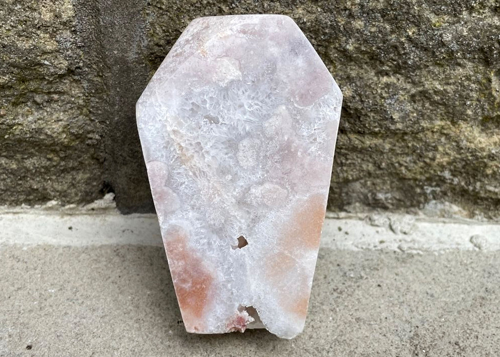 Carved And Polished Druzy Pink Amethyst Coffin