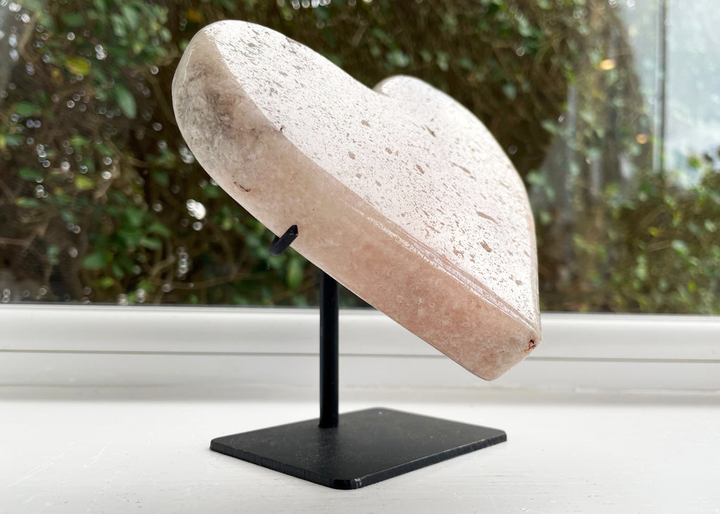 Sparkly Polished Pink Amethyst Heart On Metal Stand