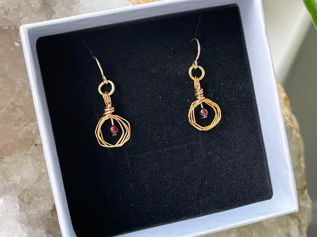 Gold Hexagon Design Garnet Bead Earrings