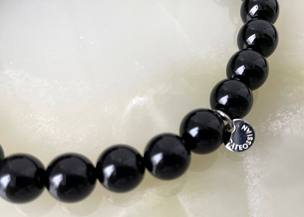 Mens Black Agate Tateossian Beaded Bracelet