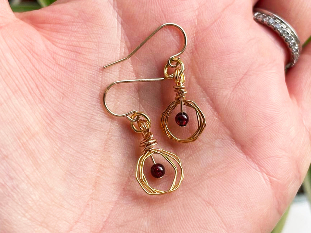 Gold Hexagon Design Garnet Bead Earrings