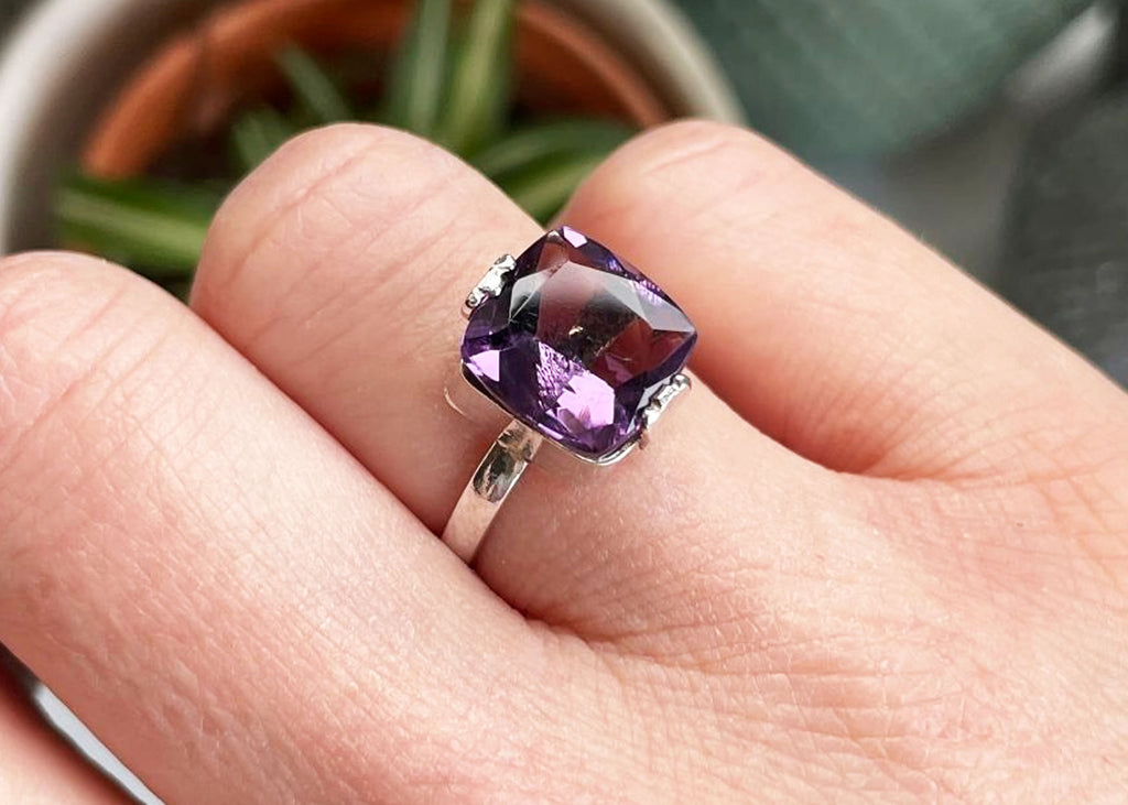 4-6 Carat Square Cut Amethyst Sterling Silver Ring