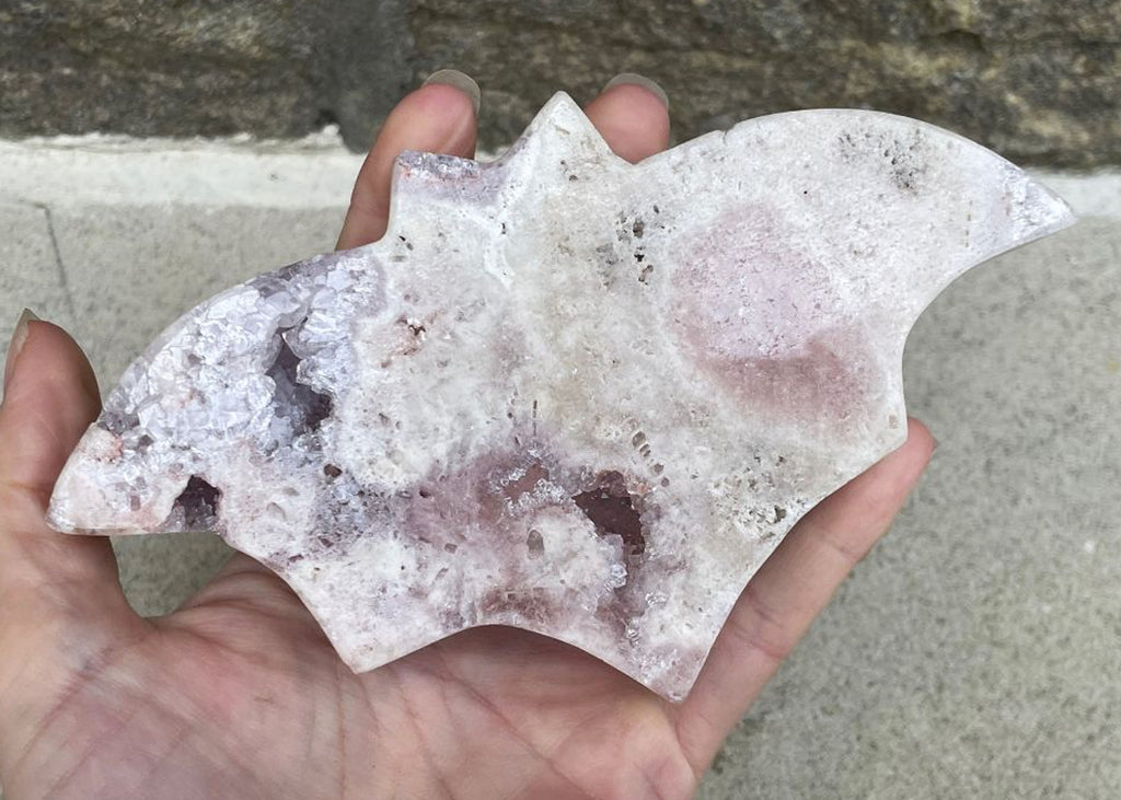 Carved And Polished Pink Amethyst Druzy Bat