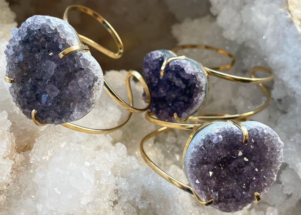 Gold Plated Druzy Amethyst Heart Bangle