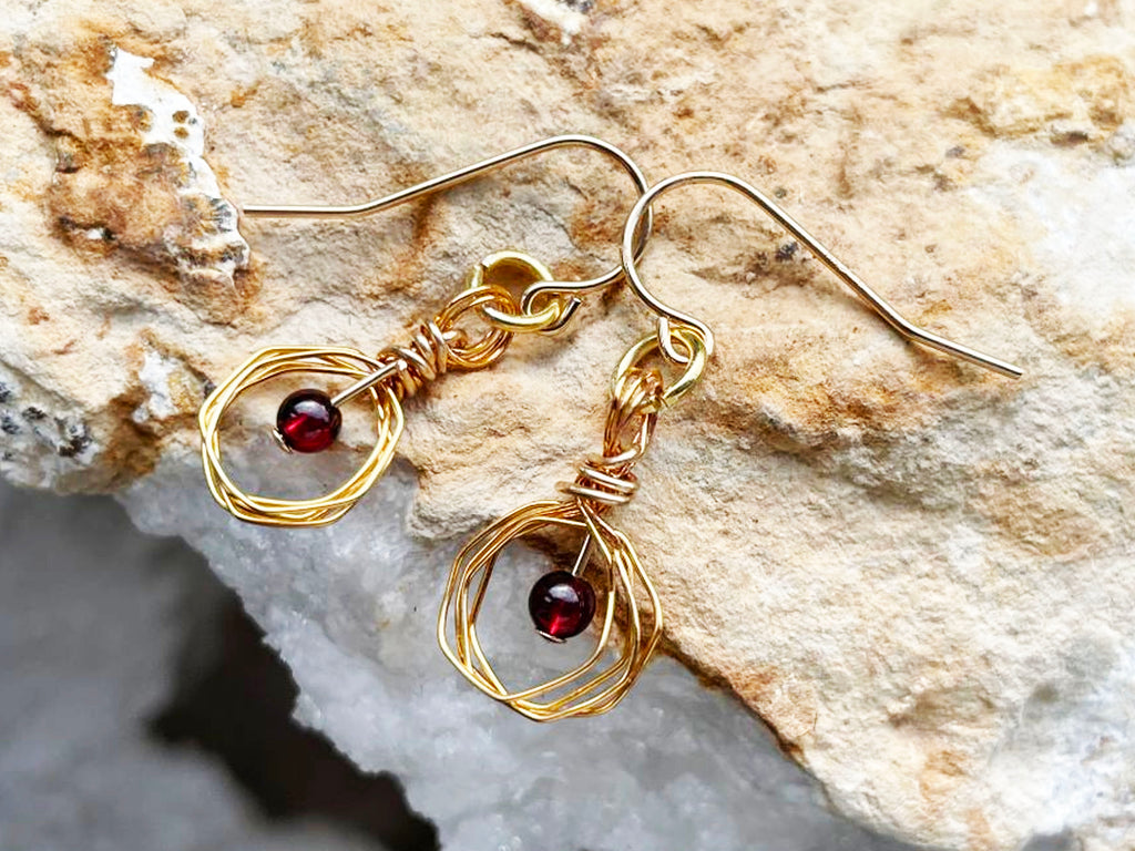 Gold Hexagon Design Garnet Bead Earrings