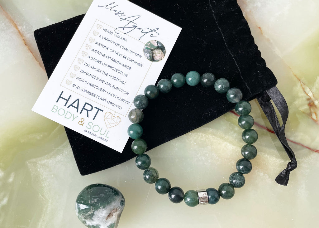 Mens Moss Agate Thompson Beaded Bracelet and Tumblestone Gift Set