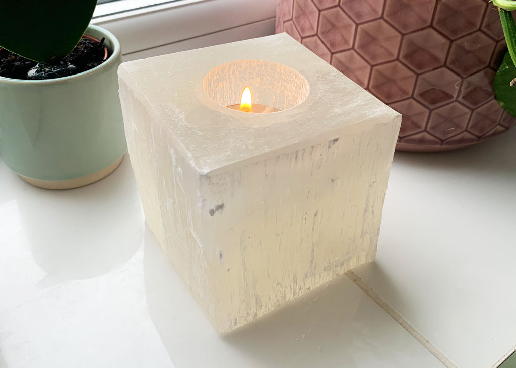 Selenite Cube Candle Holder